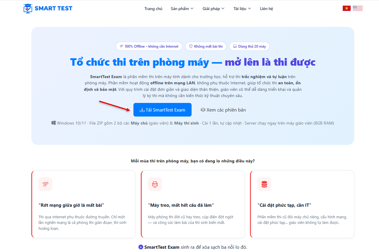 Trang examqr.com — mục Thi phòng máy để tải bộ cài